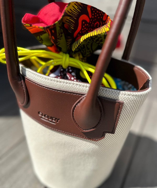 Fake Leather Handle × Canvas Tube Bag BROWN