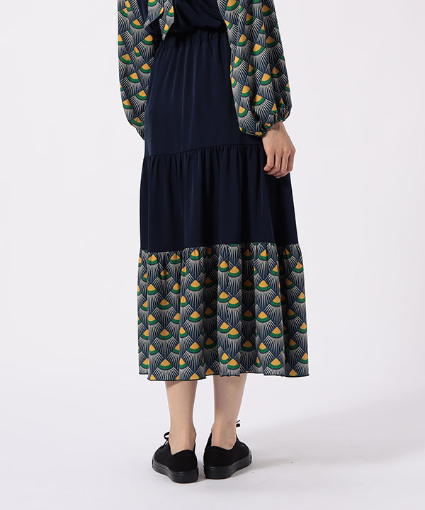 Tiered Skirt with Textile Pattern Hem NAVY