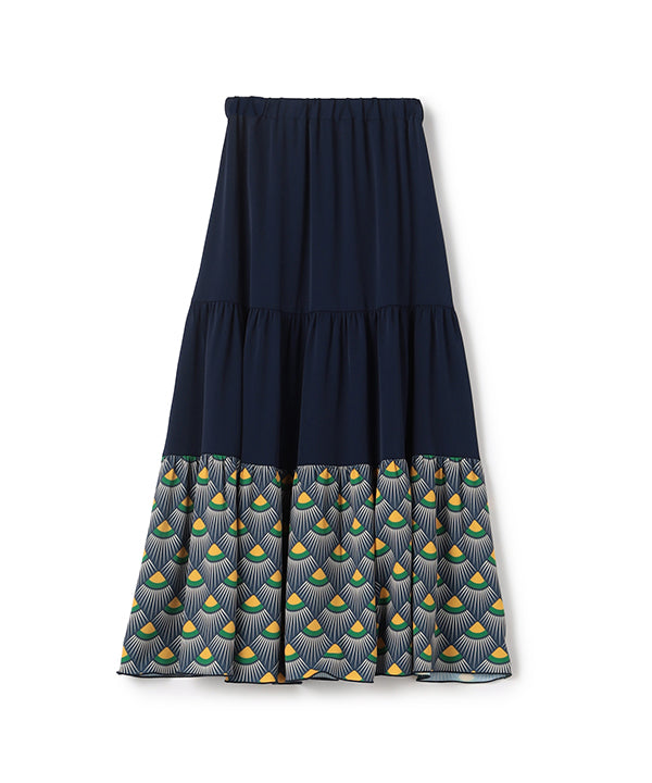 Tiered Skirt with Textile Pattern Hem NAVY
