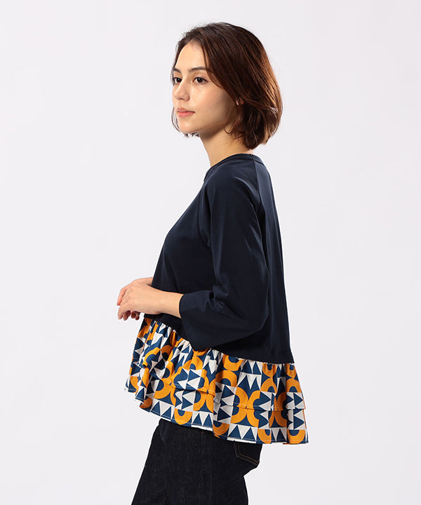 Cut and Sew with Textile Pattern Frilled Hem NAVY