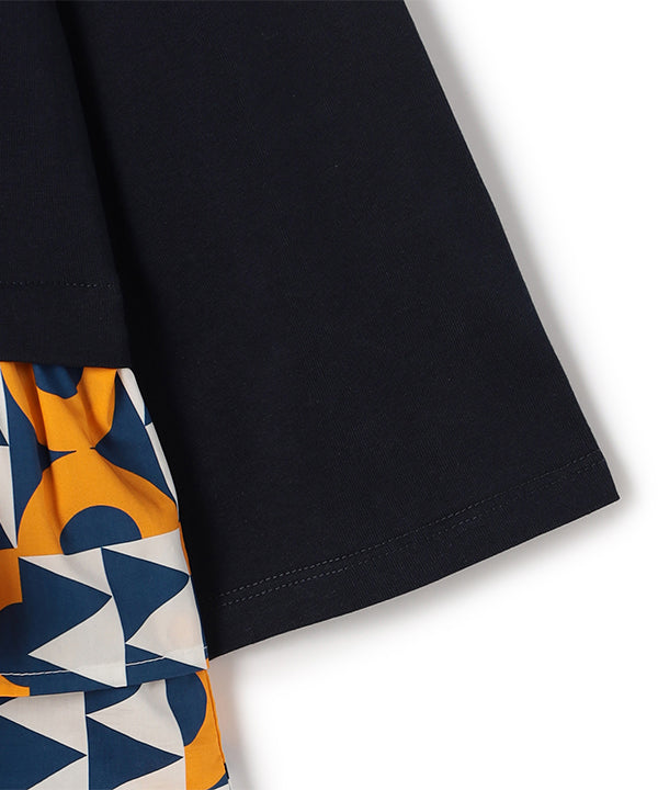 Cut and Sew with Textile Pattern Frilled Hem NAVY