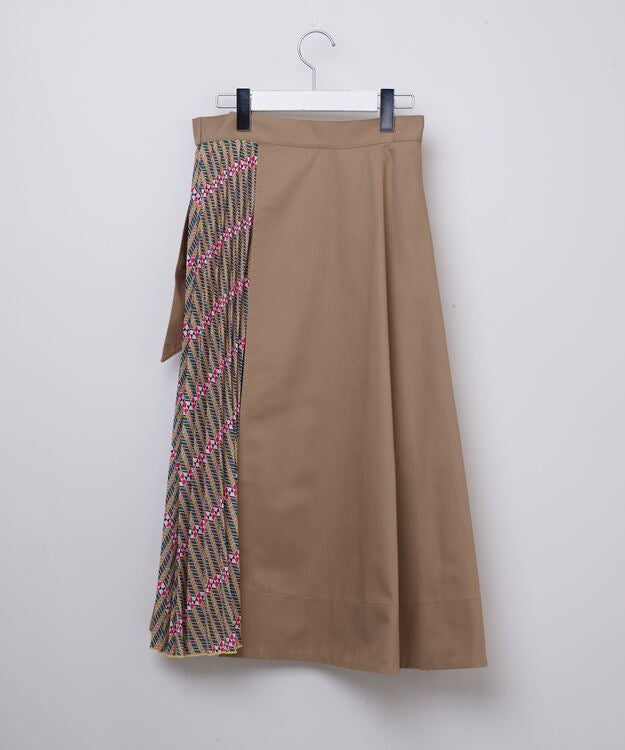 Pleated Combination Wrap Skirt BEIGE × GREEN