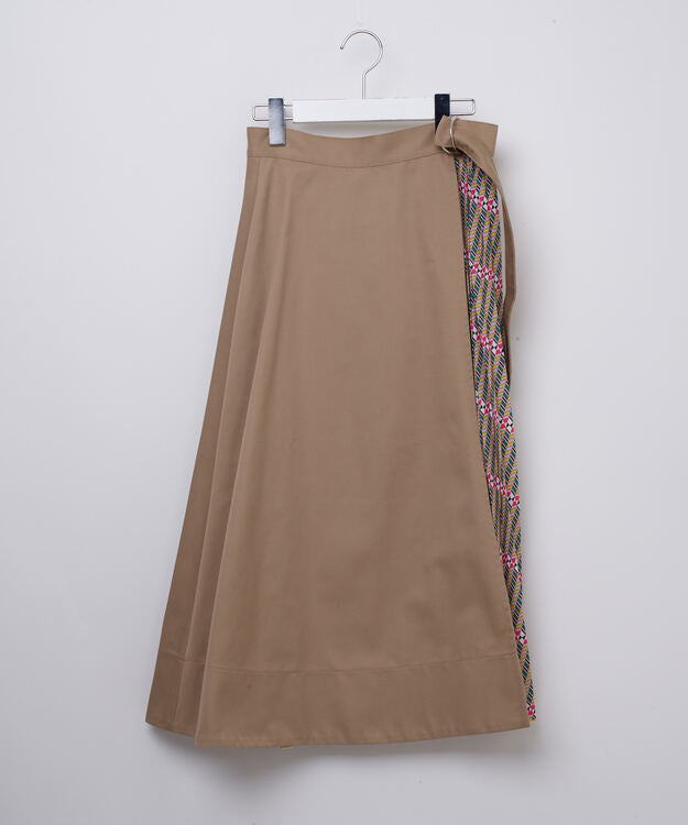 Pleated Combination Wrap Skirt BEIGE × GREEN