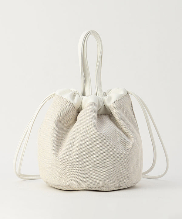 Canvas×Fake Leather Drawstring Bag WHITE